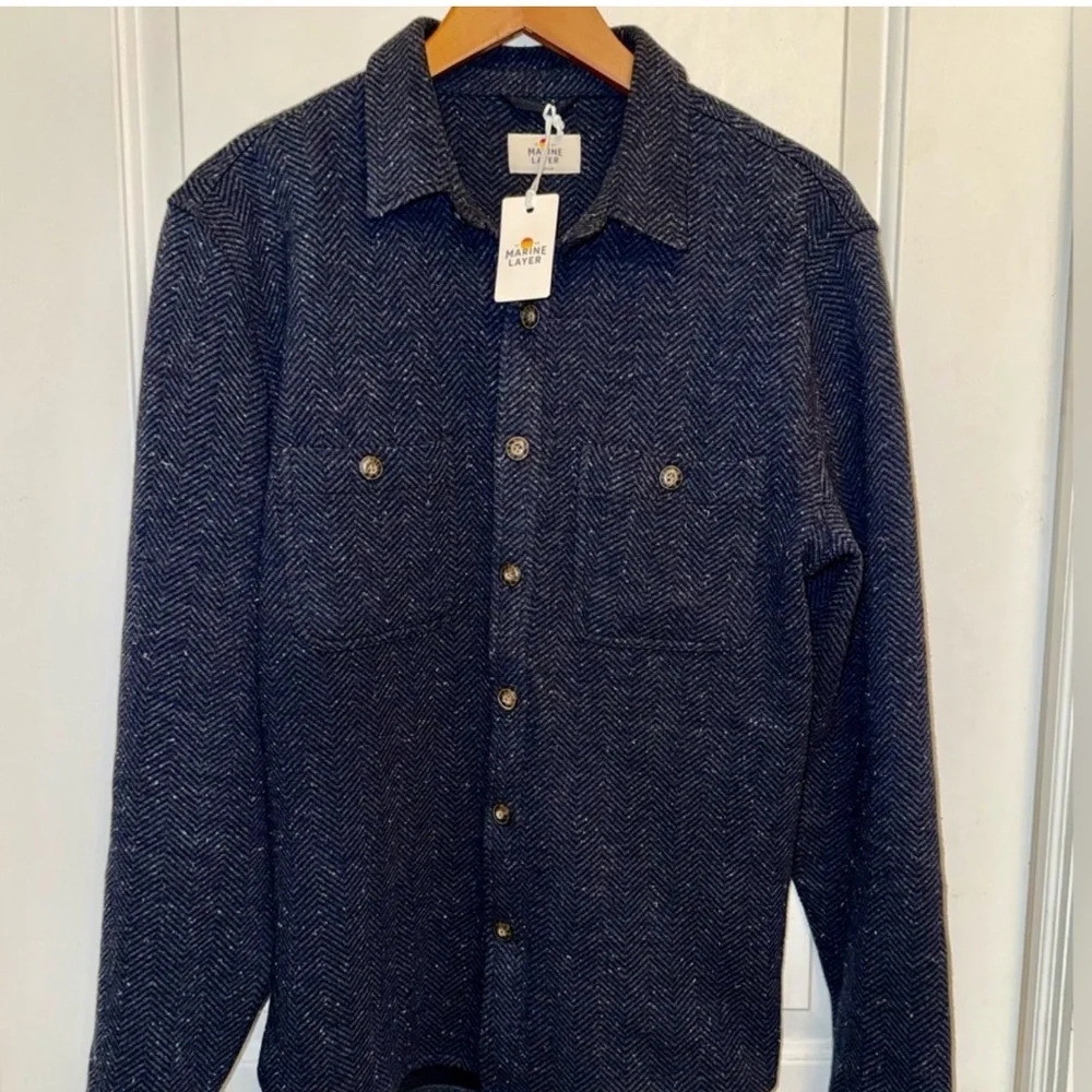 Marine Layer NWT Pacifica Stretch Twill Shirt in Dark Herringbone